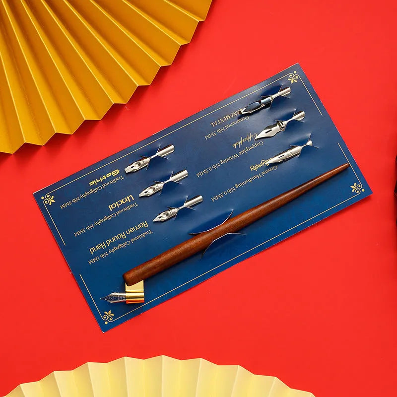 Wood and resin comic dip pen with six stainless steel nibs and dual-angle holders