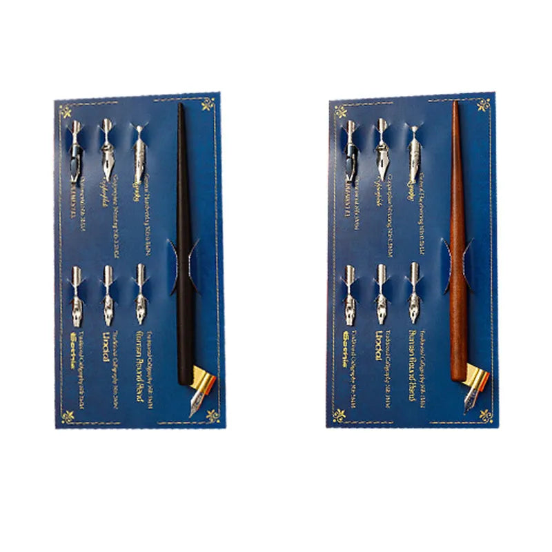 Wood and resin comic dip pen with six stainless steel nibs and dual-angle holders