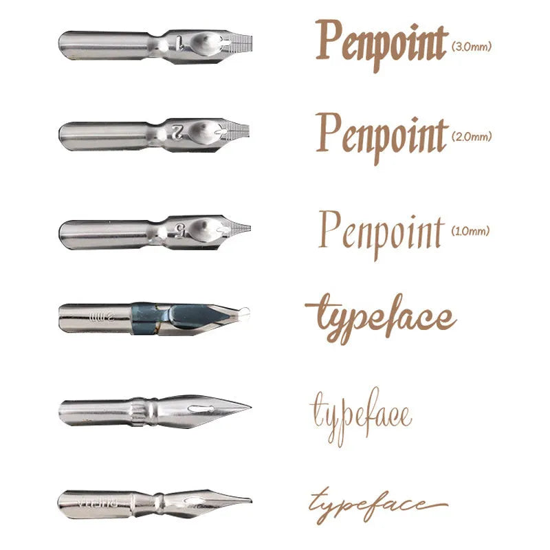 Wood and resin comic dip pen with six stainless steel nibs and dual-angle holders
