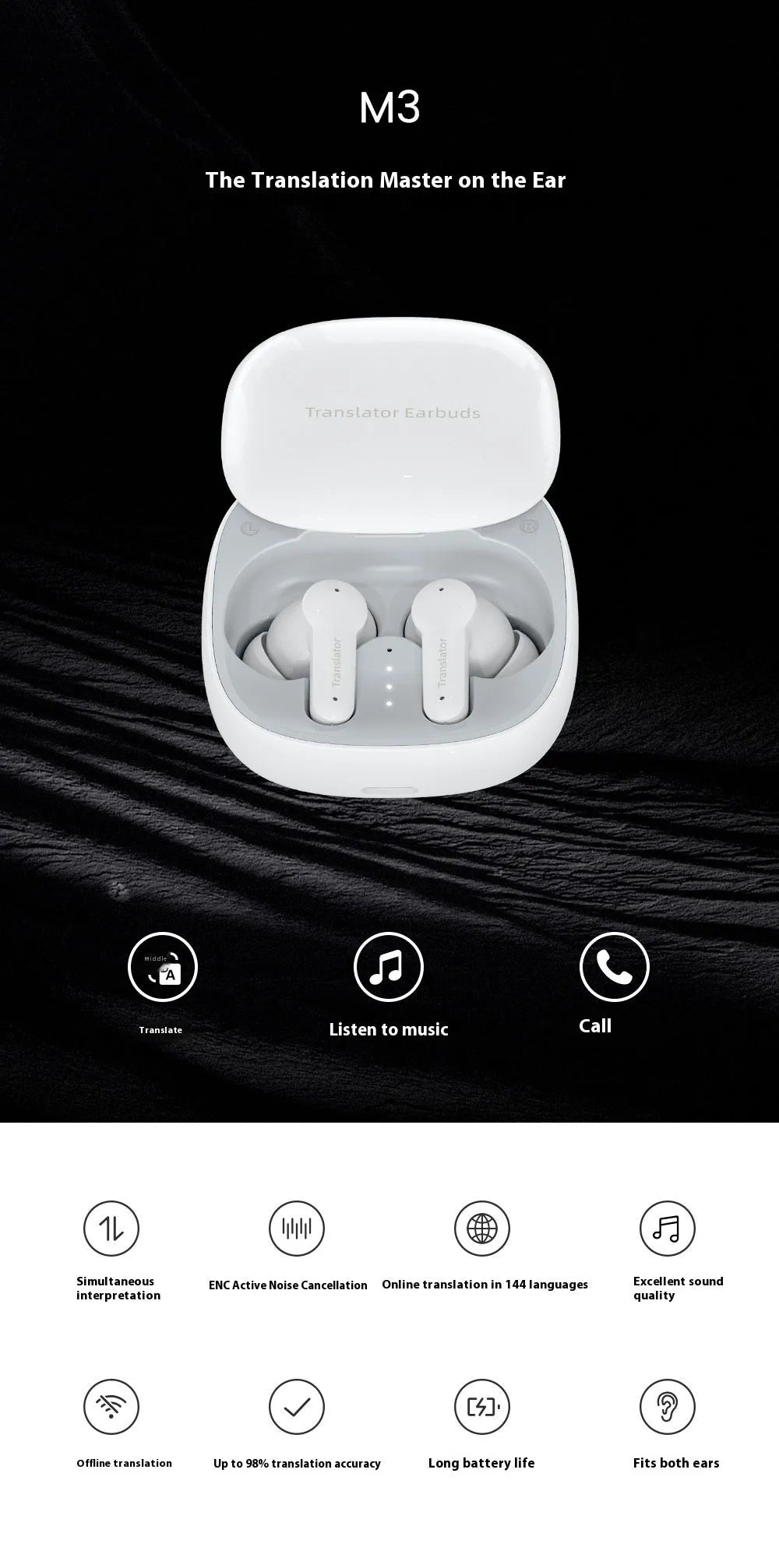 White M3 Smart Bluetooth Translation Headphones with 144 language support and 35dB noise reduction