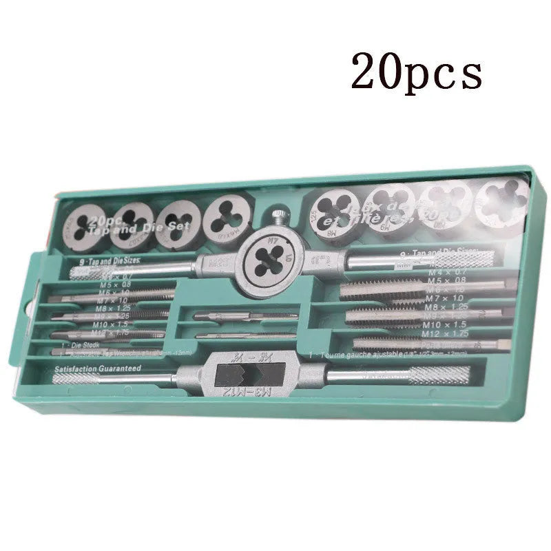 Open case of a metric tap and die set showing rows of silver and titanium-plated taps and dies, sizes M3 to M12.