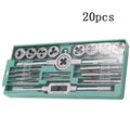 Open case of a metric tap and die set showing rows of silver and titanium-plated taps and dies, sizes M3 to M12.