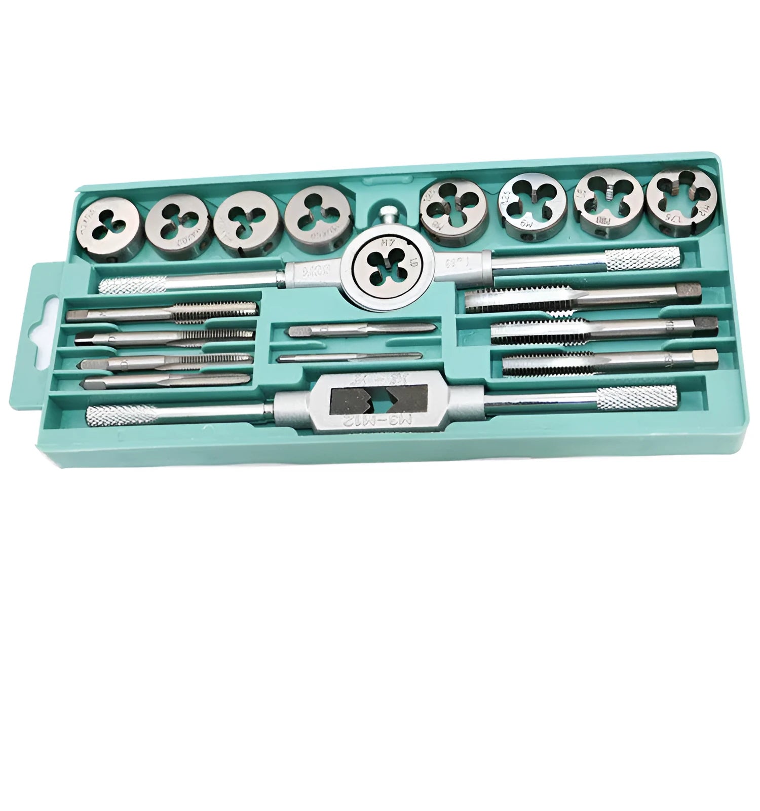 Open case of a metric tap and die set showing rows of silver and titanium-plated taps and dies, sizes M3 to M12.