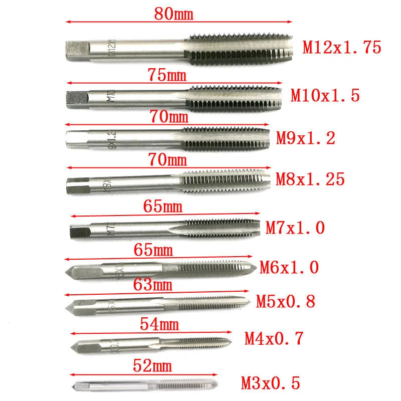Open case of a metric tap and die set showing rows of silver and titanium-plated taps and dies, sizes M3 to M12.