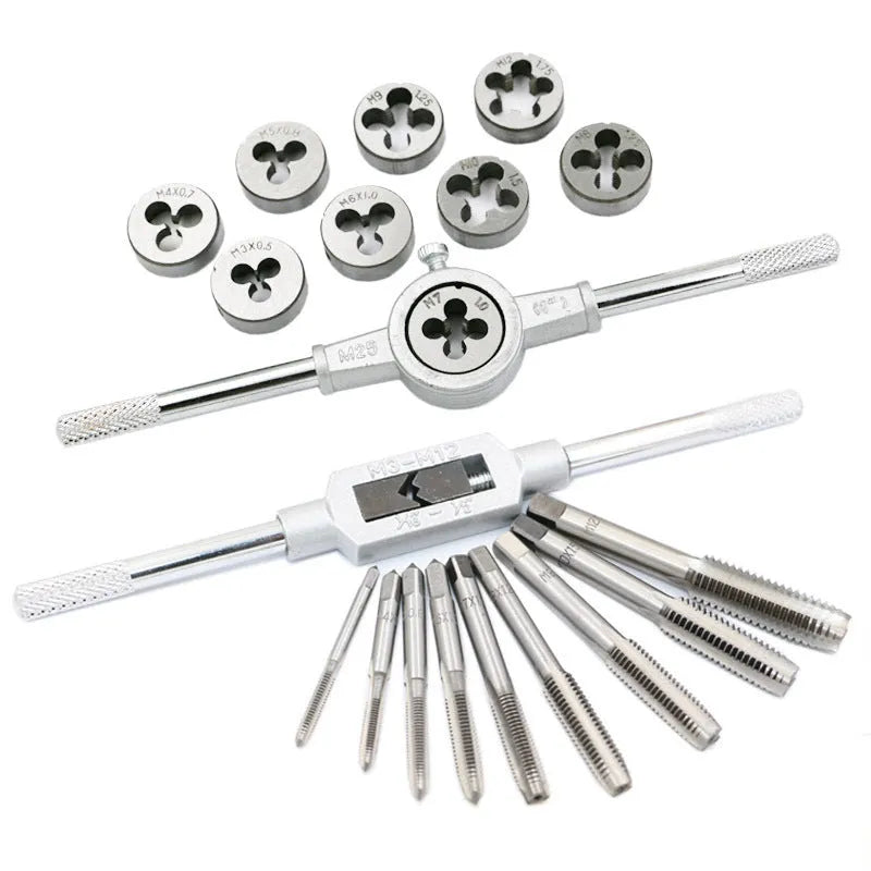 Open case of a metric tap and die set showing rows of silver and titanium-plated taps and dies, sizes M3 to M12.