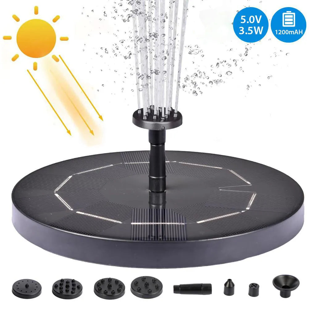 Black solar-powered water fountain pump with four spray nozzles for garden ponds
