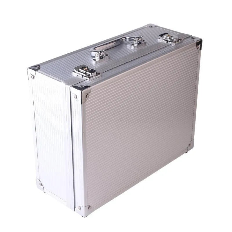 Black aluminium tattoo storage box open, showing removable plastic trays, machine stand in lid, and ink bottle slots.