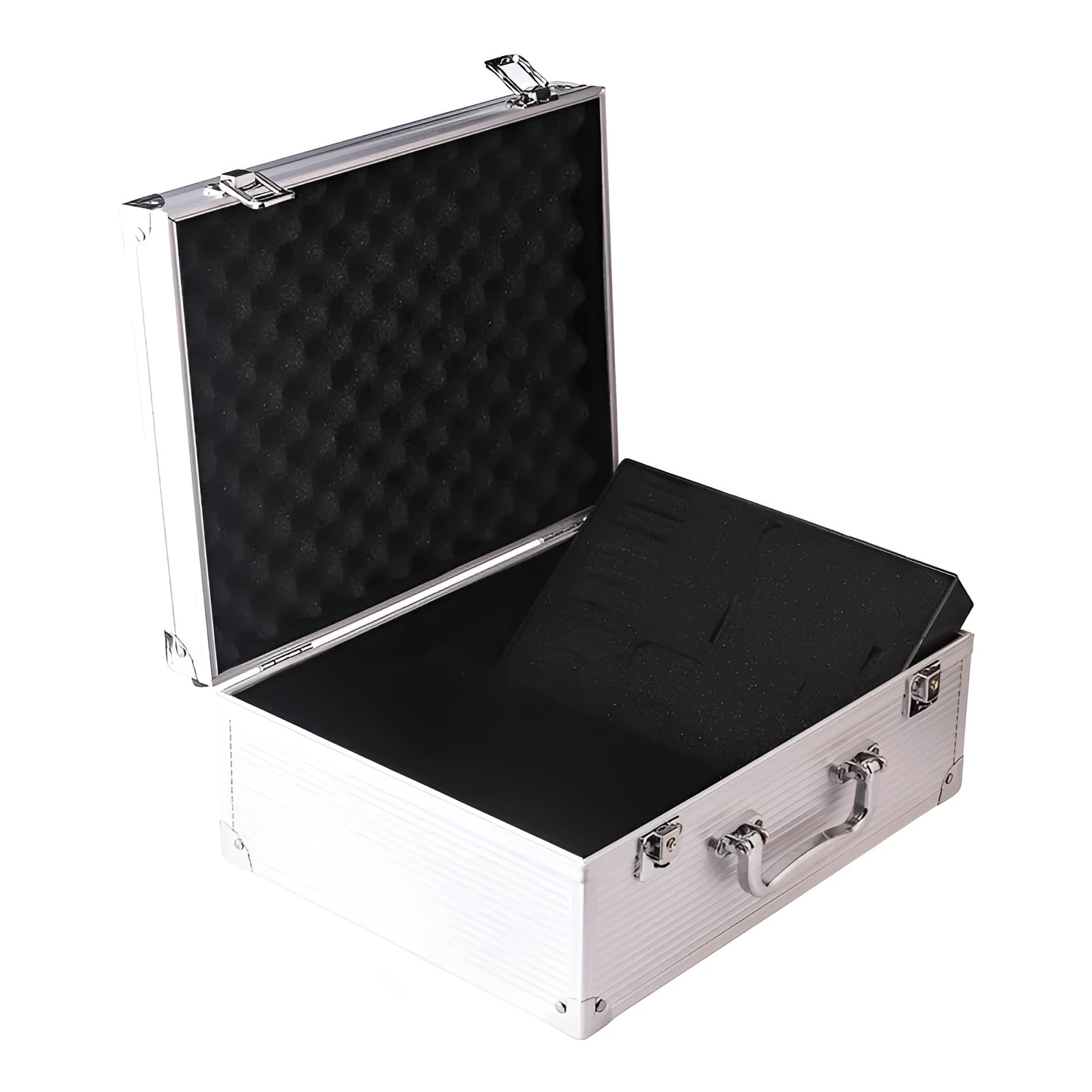 Black aluminium tattoo storage box open, showing removable plastic trays, machine stand in lid, and ink bottle slots.