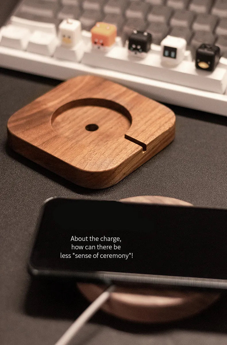 Walnut solid wood magnetic wireless charging bracket for MagSafe devices on desktop