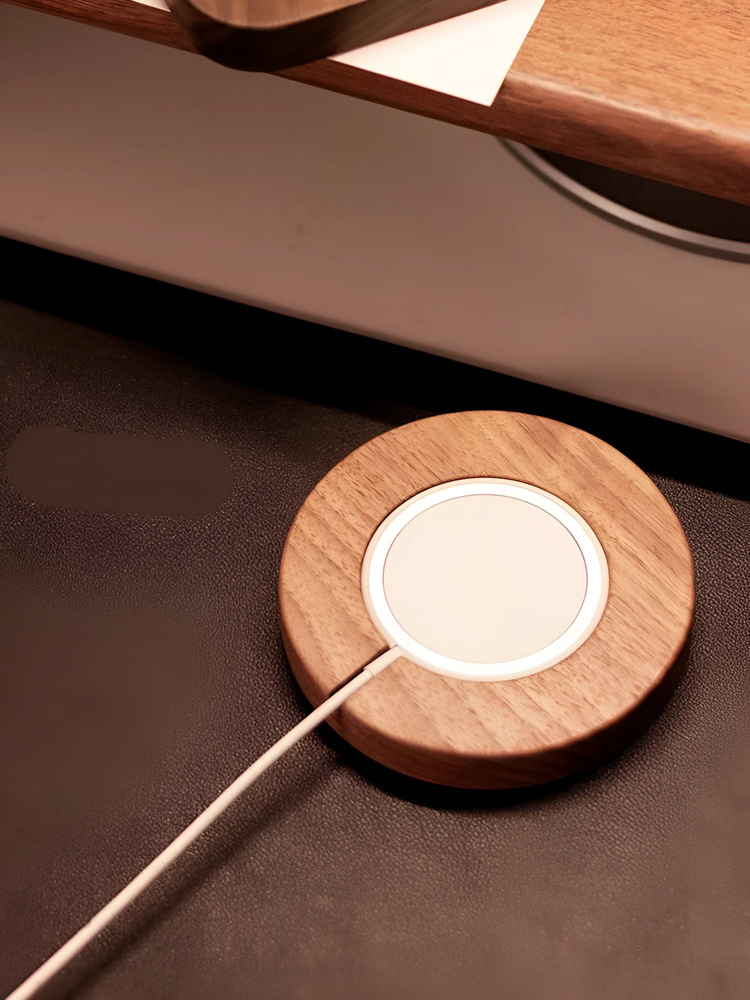 Walnut solid wood magnetic wireless charging bracket for MagSafe devices on desktop