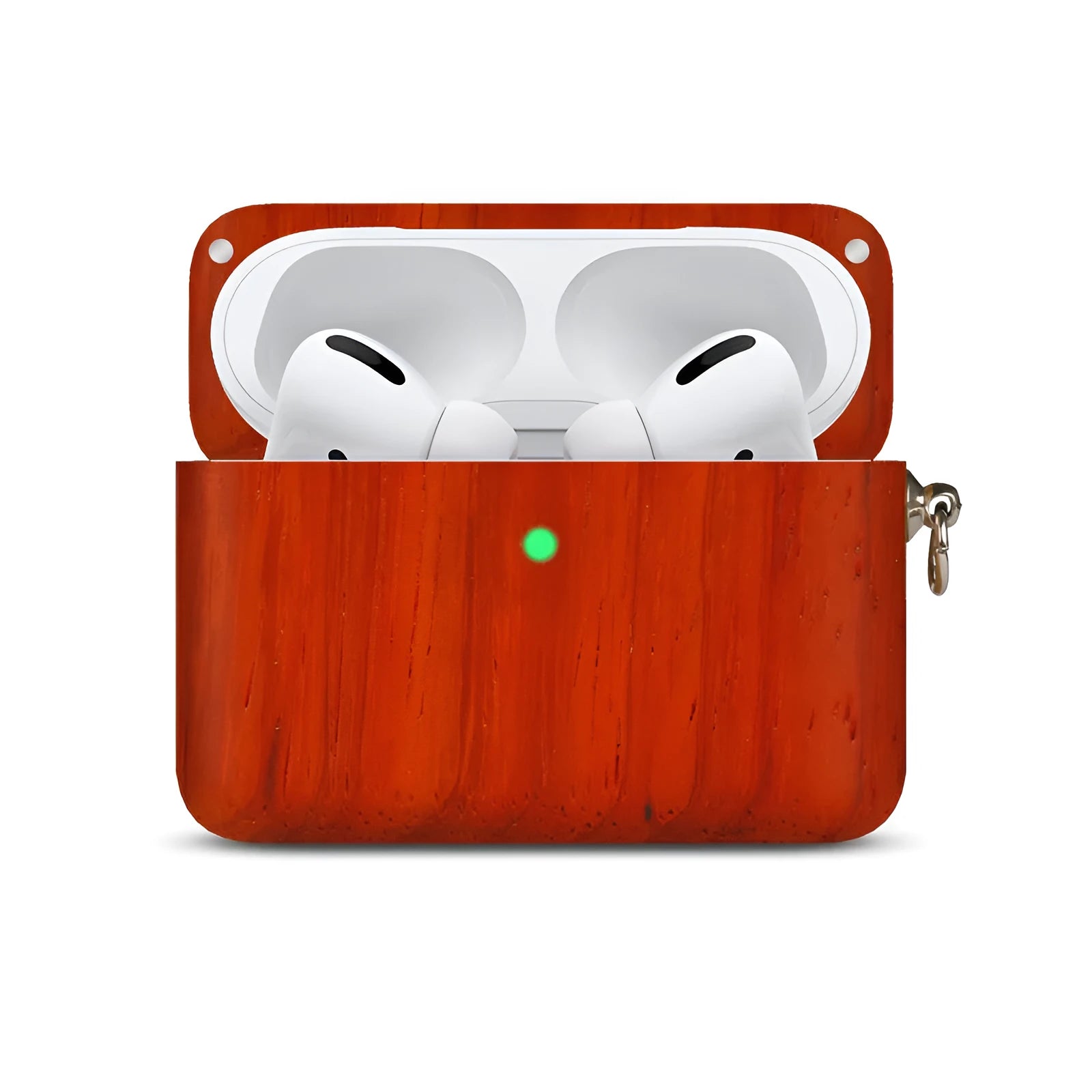 Solid walnut wood protective sleeve for Apple AirPods with attached brown lanyard on a wooden table.