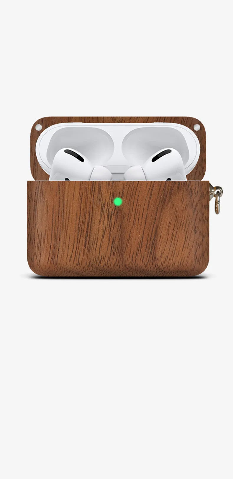 Solid walnut wood protective sleeve for Apple AirPods with attached brown lanyard on a wooden table.