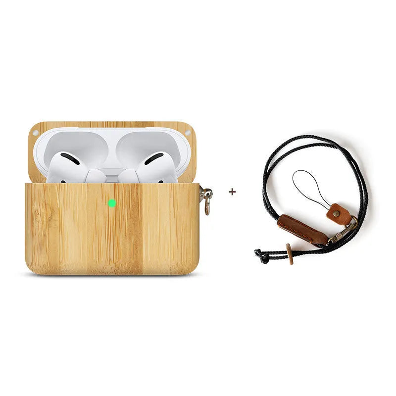 Solid walnut wood protective sleeve for Apple AirPods with attached brown lanyard on a wooden table.