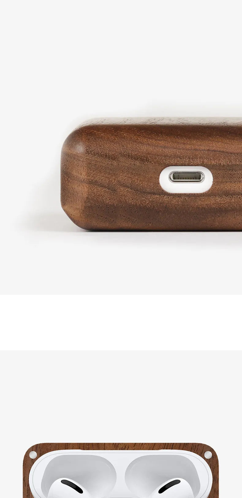 Solid walnut wood protective sleeve for Apple AirPods with attached brown lanyard on a wooden table.