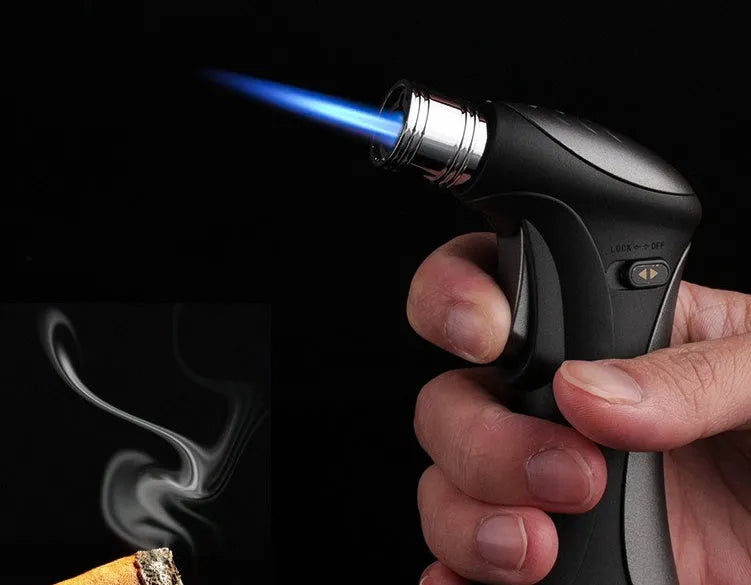 Windproof torch lighter in black or brown with jet flame for camping, candles and BBQ, item MF265 from Wenzhou.