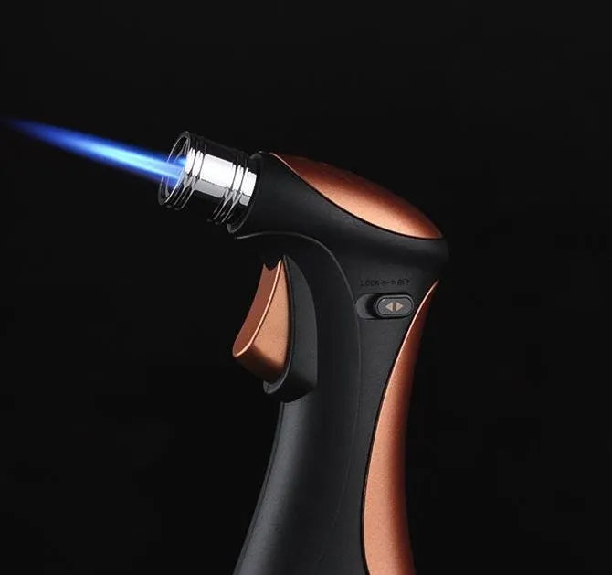 Windproof torch lighter in black or brown with jet flame for camping, candles and BBQ, item MF265 from Wenzhou.