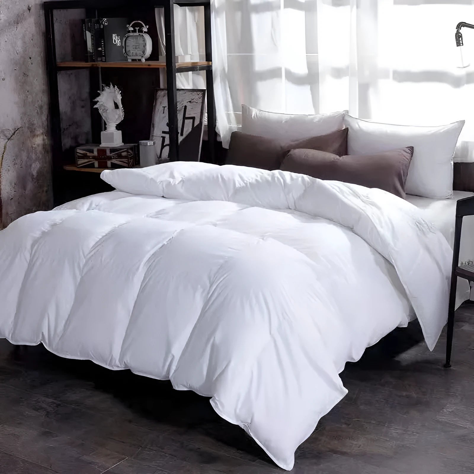 Goose down winter duvet in twill fabric, shown in a choice of colours including white, pink, beige, and grey.