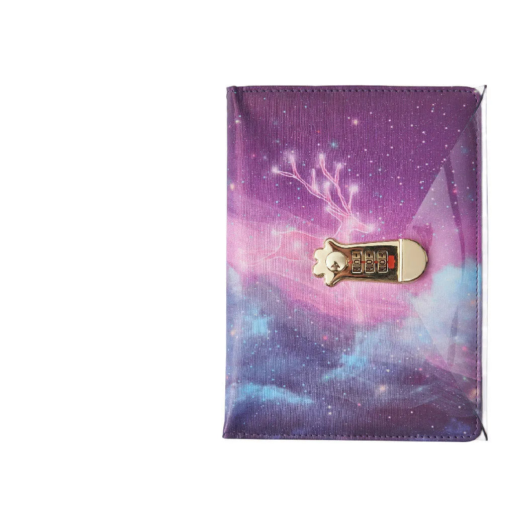 A5 password diary notebook with key lock in imitation leather, showing starry sky cover colour.