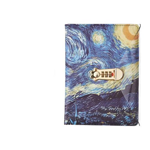 A5 password diary notebook with key lock in imitation leather, showing starry sky cover colour.