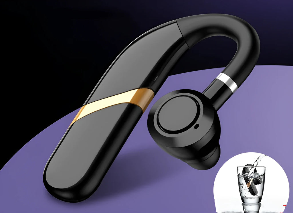 X9 model ear-hanging Bluetooth headset in black with charging compartment for hands-free calls
