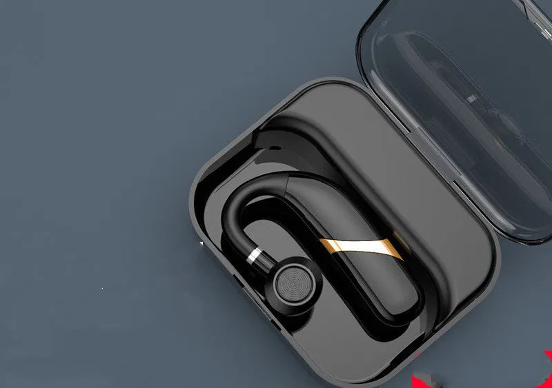X9 model ear-hanging Bluetooth headset in black with charging compartment for hands-free calls