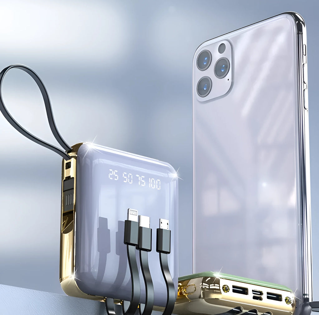 Four-wire portable power bank with digital display showing battery percentage