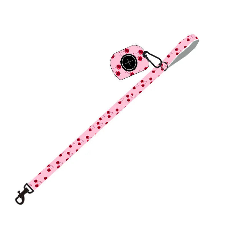 Pink cloth dog leash set with chest strap, collar, and rope on a surface