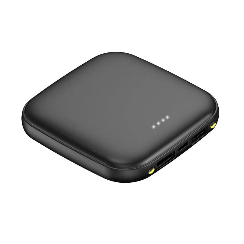 Compact black 20000 mAh mini power bank with LED flashlight on a plastic shell.