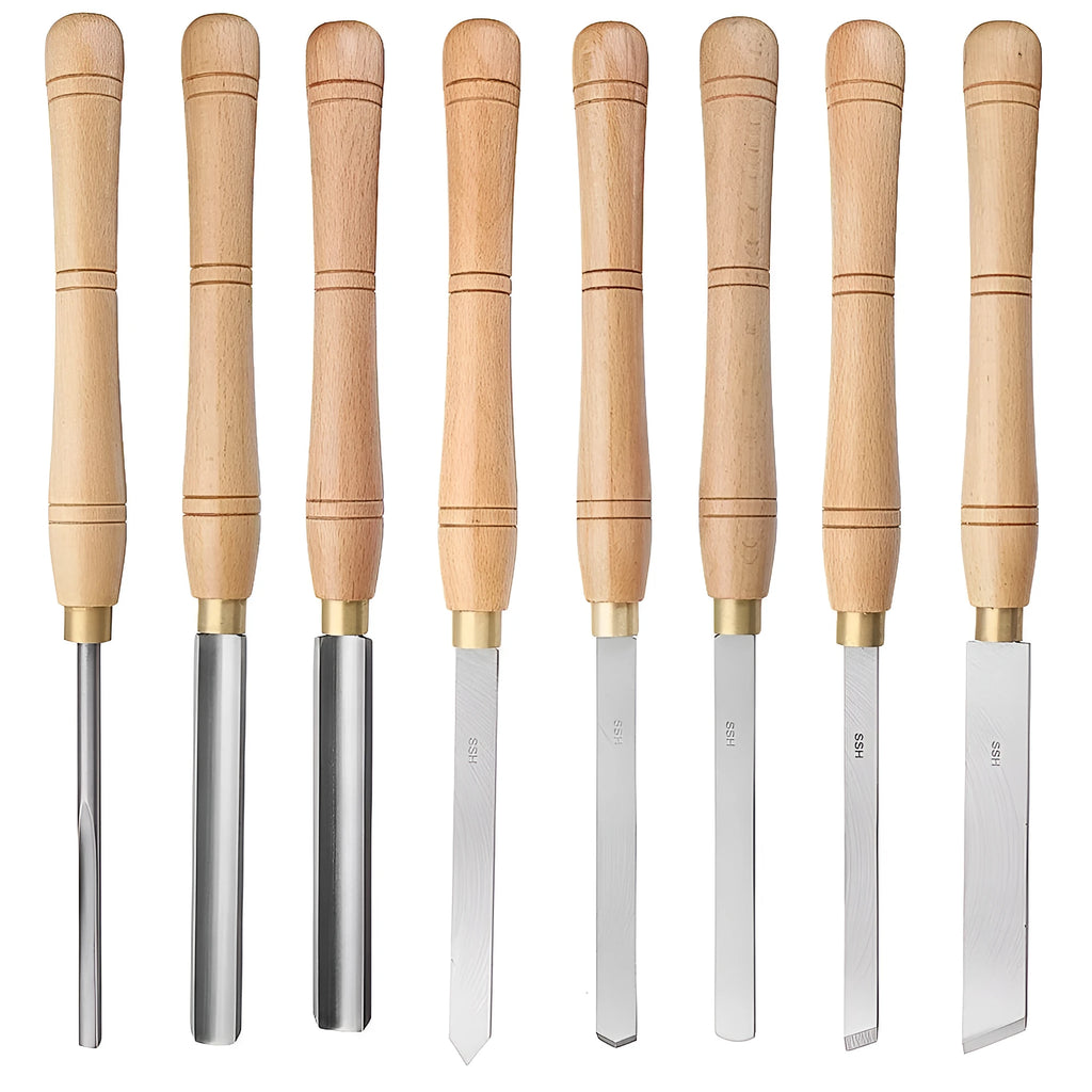 Eight chrome vanadium steel woodturning chisels mounted in a fitted wooden presentation case.
