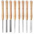 Eight chrome vanadium steel woodturning chisels mounted in a fitted wooden presentation case.