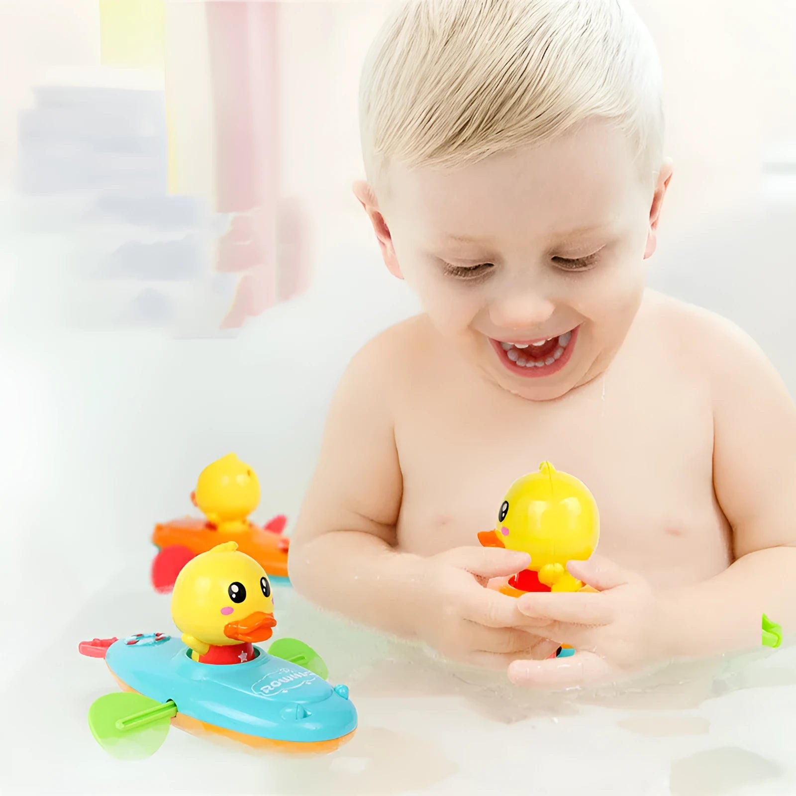 Yellow plastic bath toys with wind-up swimming function for parent-child interactive play
