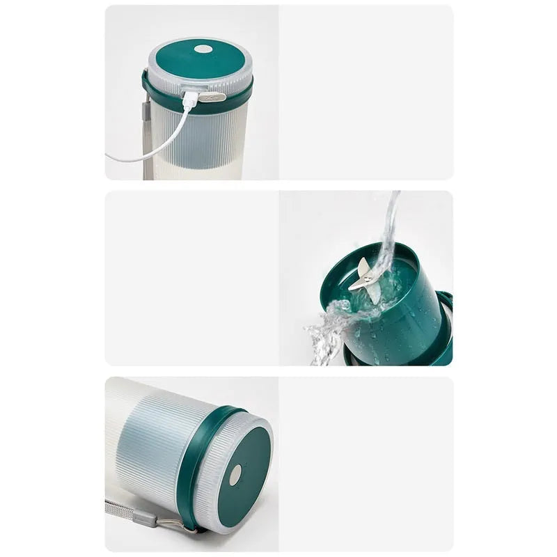 Portable pink USB rechargeable juicer cup with 400ml capacity and pulp collection box