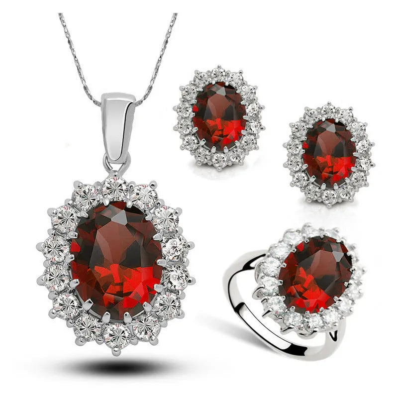 Crystal bridal jewelry set necklace earrings ring copper Korean style with olive green stones on white background