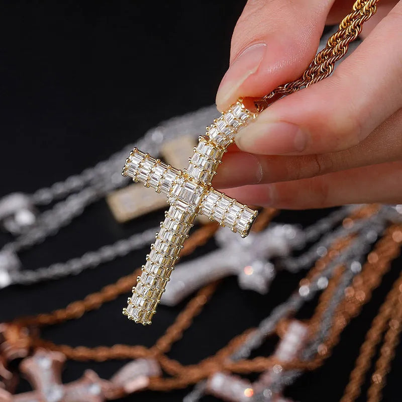 Iced out micro pave cross pendant necklace with AAA zircon on a 3mm twisted chain in gold, silver, or rose gold.
