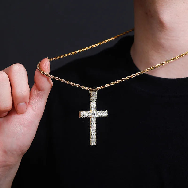 Iced out micro pave cross pendant necklace with AAA zircon on a 3mm twisted chain in gold, silver, or rose gold.