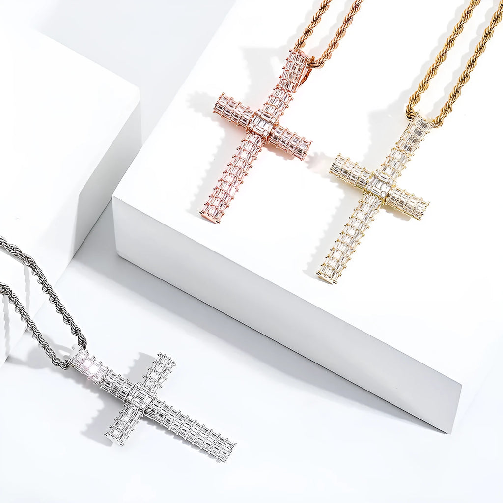 Iced out micro pave cross pendant necklace with AAA zircon on a 3mm twisted chain in gold, silver, or rose gold.