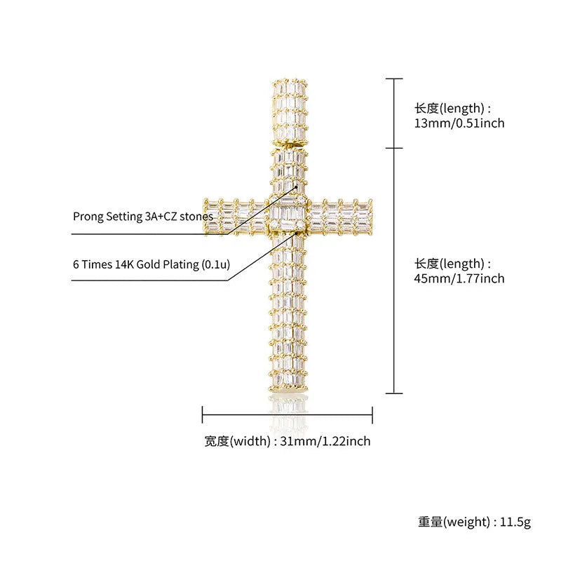 Iced out micro pave cross pendant necklace with AAA zircon on a 3mm twisted chain in gold, silver, or rose gold.