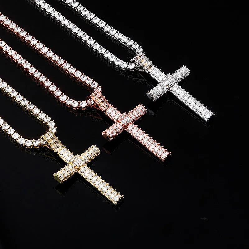 Iced out micro pave cross pendant necklace with AAA zircon on a 3mm twisted chain in gold, silver, or rose gold.