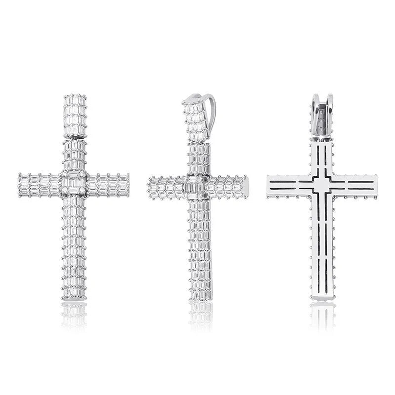 Iced out micro pave cross pendant necklace with AAA zircon on a 3mm twisted chain in gold, silver, or rose gold.