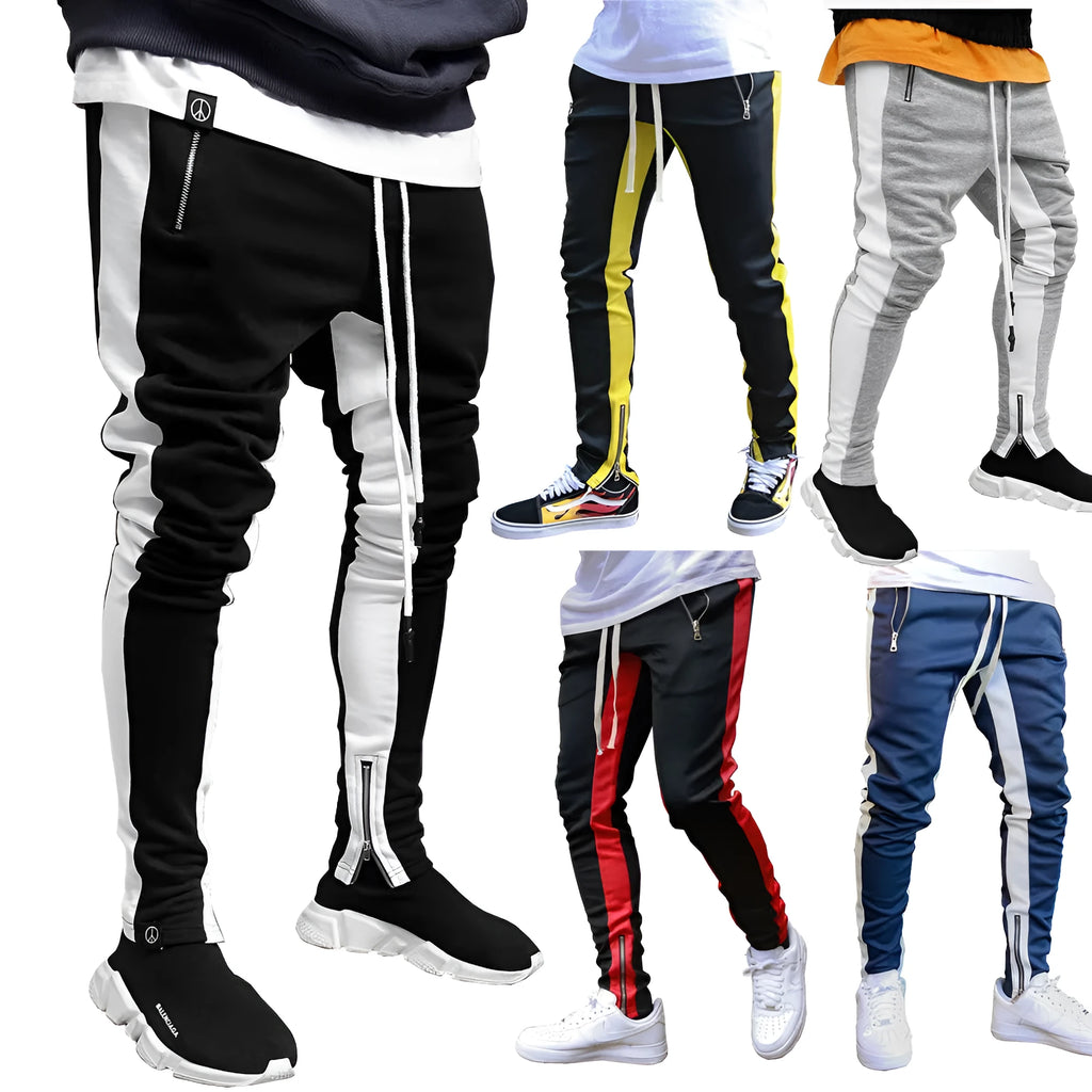 Men's strappy zippered high-waist tight-fit sports trousers in black and white on a model