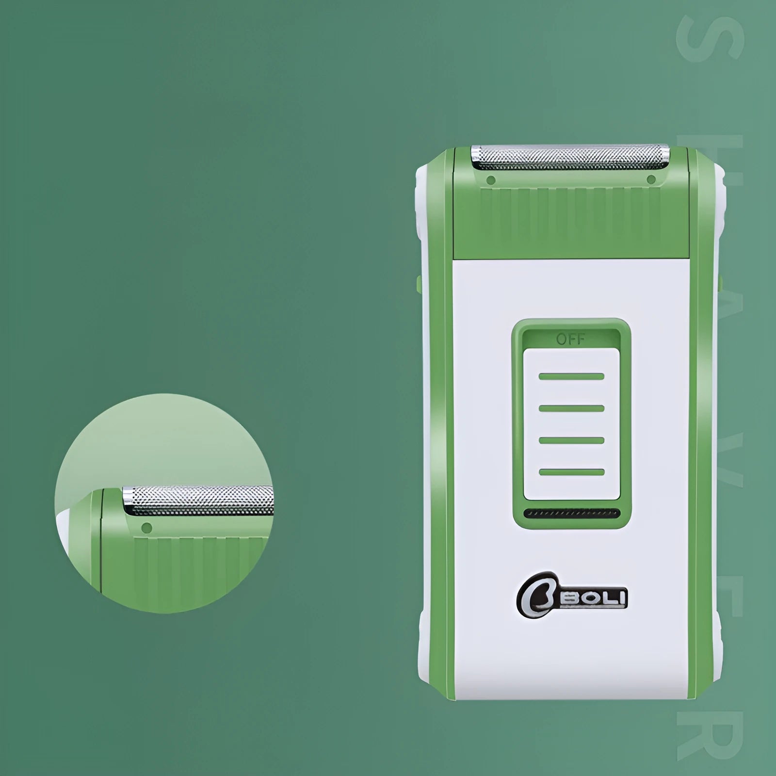 Reciprocating electric shaver in photo colour with an ABS plastic body, showing the single shaving head.