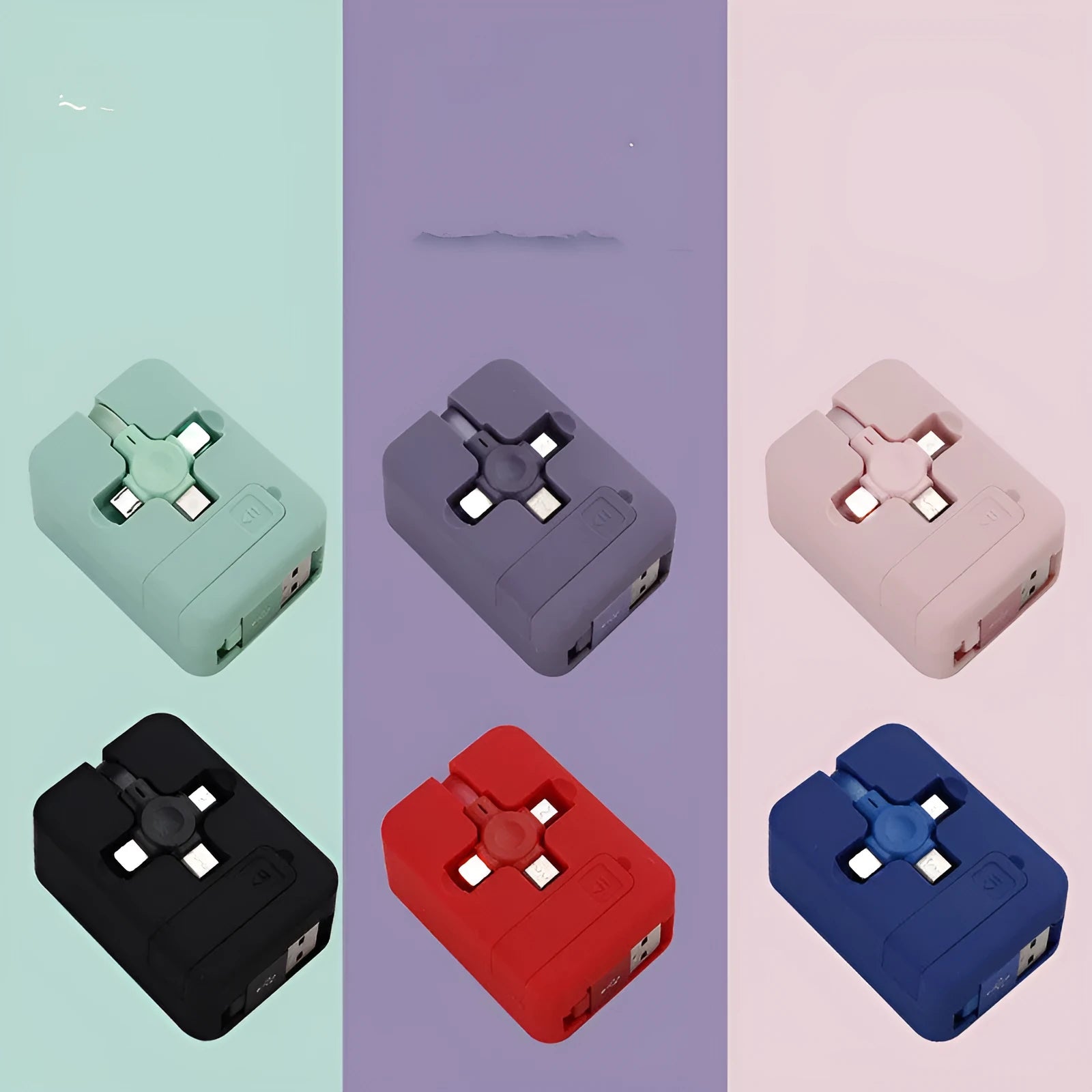 Macaron telescopic bracket three-in-one charging cable extended showing USB, Micro USB and Type-C connectors