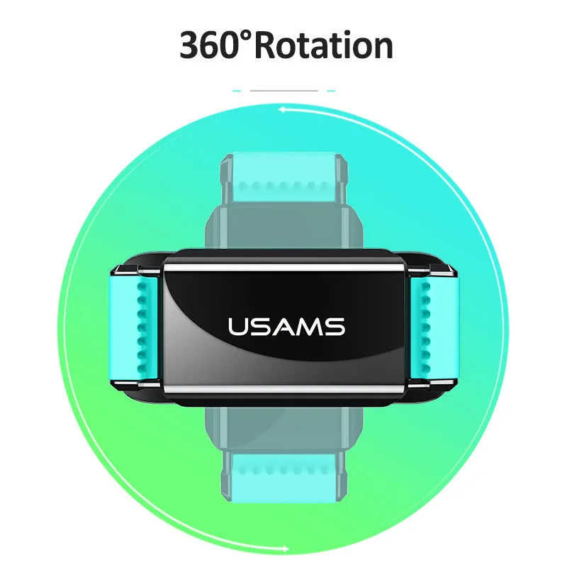 Black 360 rotating car holder with double buckle fixing, mounted on an air vent for in-car phone use.