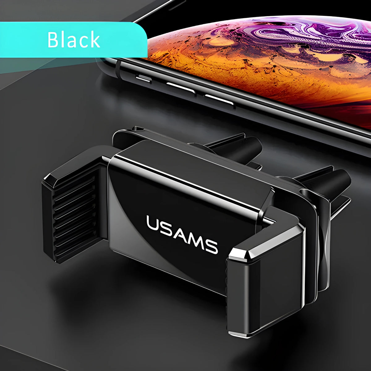 Black 360 rotating car holder with double buckle fixing, mounted on an air vent for in-car phone use.