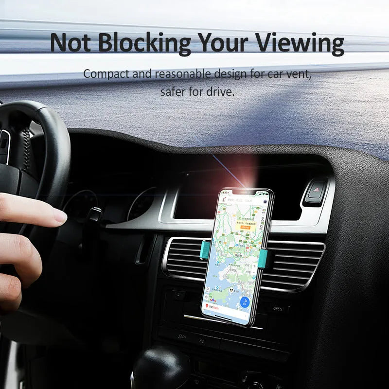 Black 360 rotating car holder with double buckle fixing, mounted on an air vent for in-car phone use.