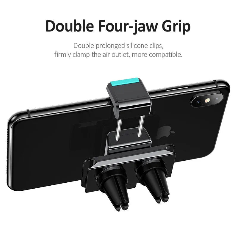 Black 360 rotating car holder with double buckle fixing, mounted on an air vent for in-car phone use.