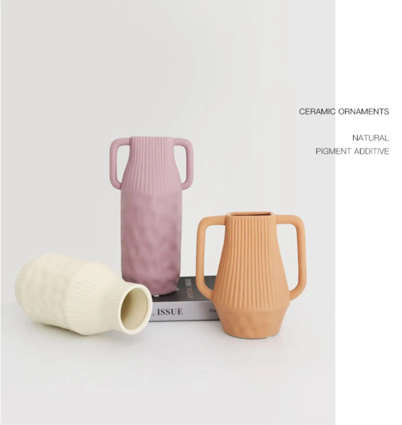 Nordic style hammered ceramic vase in Morandi beige, brown, or purple glaze on a cabinet.