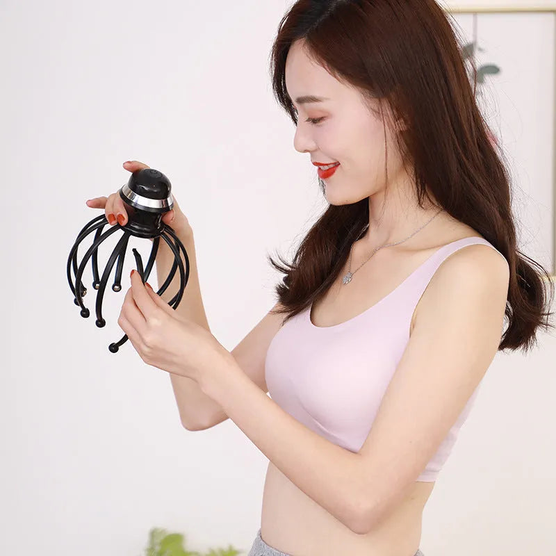 Black rechargeable vibration head massager with 12 claws for scalp relaxation, 188x145x145mm