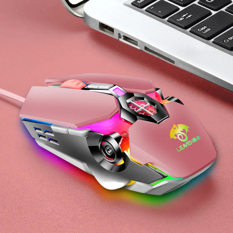 USB wired gaming mouse with RGB, 7 keys, 4000dpi, ergonomic design, 1.5m cable, in black or pink.