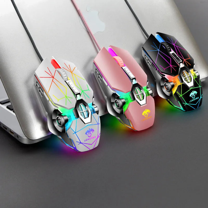 USB wired gaming mouse with RGB, 7 keys, 4000dpi, ergonomic design, 1.5m cable, in black or pink.